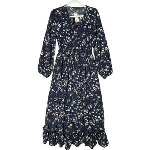 Kohl's Dark Blue Floral Long-Sleeved Maxi Dress Smocked Waist Women's Size S NWT